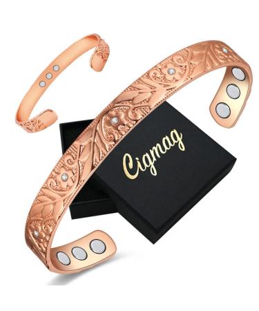 Cigmag 9X Lymphatic Drainage Copper Magnetic Bracelet for Women 99% Solid Pure Copper Ultra Strength Magnet Adjustable Brazaletes Cuff Bangle with Gift Box (Rose Gold Crystal Plum Pattern) Crystal Plum Rose Gold