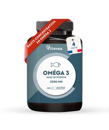 Omega 3 Wild Fish Oil 2000mg | 4 Months | High Concentration of EPA (1000 mg) and DHA (500 mg) | Support Cognitive and Visual Functions | Made in France | Vitavea