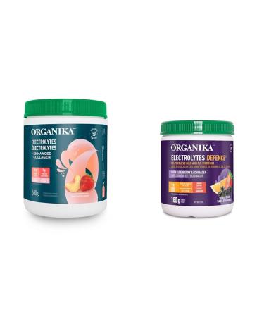 Organika Electrolytes + Enhanced Collagen - Strawberry Peach - Hydration + Protein 600 gram & Electrolytes Defence with Elderberry and Echinacea- Citrus Berry - Immune System Support