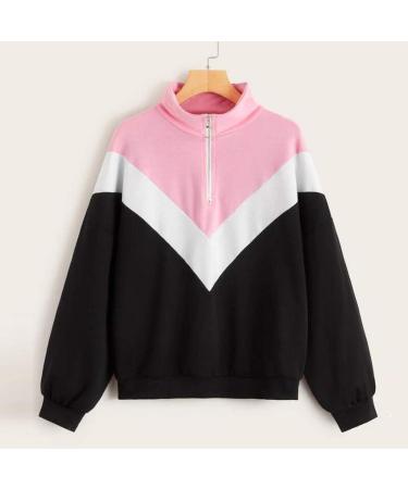 Bigfanshu in Women's Clothing Cut and Sew Zipper Front Stand Collar Sweatshirt Color-Block Blouse Top Pink - Buy Online on GoSupps.com