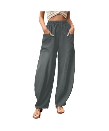 jsaierl Women Summer Pants Elastic Waist Wide Leg Loose Cotton Linen Palazzo Pants Casual Comfy Long Pants Baggy Pocket Pants Gray Medium