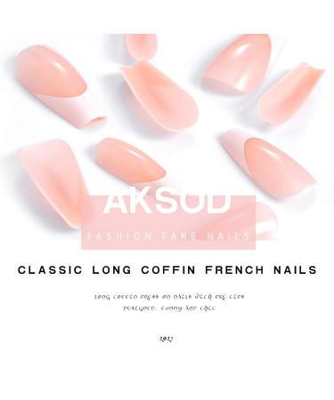 Aksod Long Coffin French Manicure Press on Nails Tips - Glossy Pink Fake Nails - 24Pcs Full Cover False Nails for Women and Girls - Buy Online on GoSupps.com