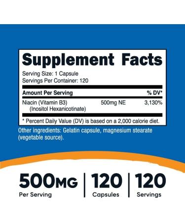 Nutricost Flush-Free Niacin 500mg (Inositol Hexanicotinate) - 120 Capsules - Vitamin B3 - Buy Online on GoSupps.com