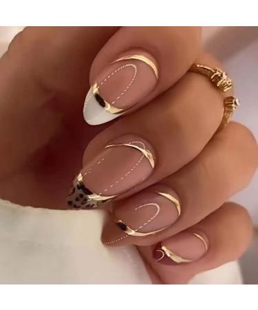 24 Pcs Almond Press on Nails French Tip Fake Nails Oval Shape False Nails with Gold Line Stripes Foil Leopard Designs Glossy Full Cover Glue on Nails Acrylic Nails for Women Girls DIY Maniture Decorations