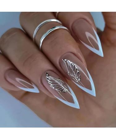 JUSTOTRY 24 Pcs Stiletto False Nails Medium with Butterfly White French Press on Nails Pattern Point Fake Nails Short with Nail Glue Almond Stick on Nails for Women Nails Fake Nail for Nails Art white& butterfly1