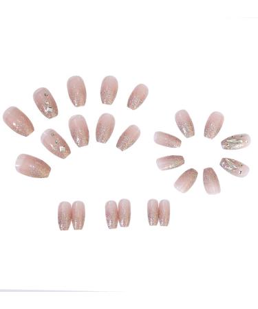 3D Rhinestone Pink Coffin Fake Nails Medium Length - Glossy Ballerina False Nails for Women | 24PCS - Buy Online on GoSupps.com