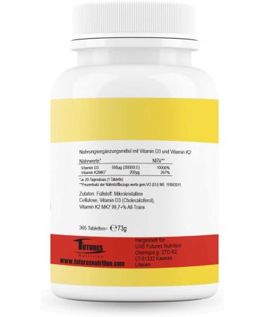 Future's Nutrition 20000 I.E Vitamin D3 K2 - Vegan High Bioavailability 365 Tablets for Optimal Purity & Health - Only 1 Tablet Every 20 Days - Buy Online on GoSupps.com