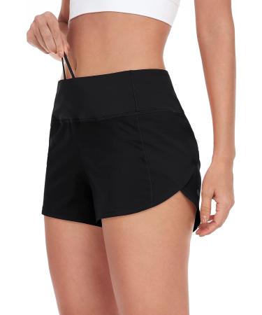 HeyNuts Women's Focus Running Shorts - Mid Waisted Athletic Shorts with Liner and Zipper Pocket - 4 Black - Buy Online on GoSupps.com