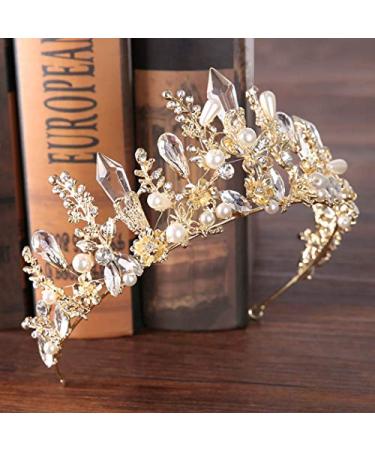 Bmirth Baroque Crown and Tiara Gold Crystal Pearl Bride Wedding Queen Crowns Decorative Princess Tiaras Rhinestone Hair Accessories for Women and Girls (A)