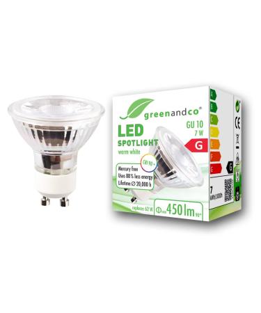 Greenandco CRI 90+ GU10 LED Spot 7W 450 LM 36 3000K Warm White 230V flicker -free not dimmable 2 year guarantee 7W 3000K 36 1 piece (1 Pack)
