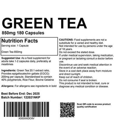 Green Tea Extract 850mg 180 Capsules - Powerful Antioxidant - UK Made - Pharmaceutical Grade - Buy Online on GoSupps.com