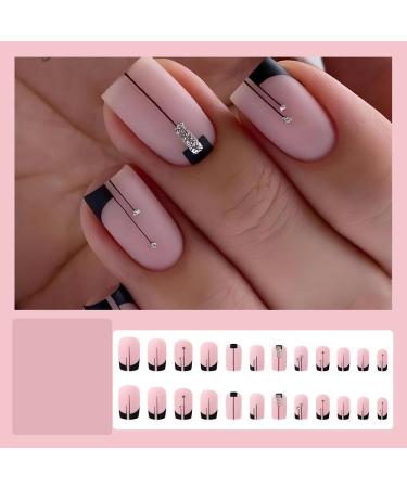 Shop Quadratical Short Nails - Nude Pink & Black French Tip Press-On Nails with Gems - 24 Pieces Full Cover Artificial Nails for Women - Buy Online on GoSupps.com