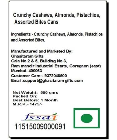 Jaiccha Ghasitaram Crunchy Cashews Almonds Pistachios Assorted Bites Cans|Gift for Diwali Gifts Holi Rakhi Valentine Christmas Birthday Anniversary Her Him| Cashews Almonds Pistachios Assorted Bites Cans - Buy Online on GoSupps.com