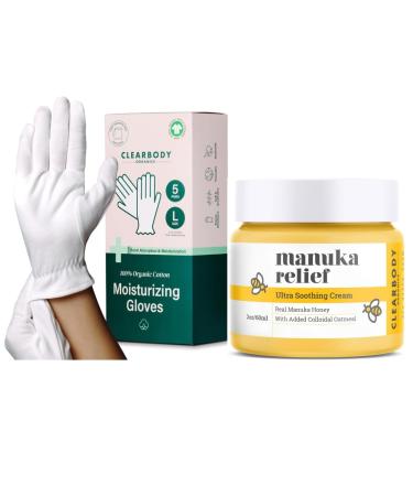 Clearbody Manuka Honey Eczema Cream and Organic Gloves Large. White Organic Cotton Gloves 5 Pairs (10 Pcs) 100% Organic Cotton Gloves for Dry Hands Reusable Moisturizing Gloves with Eczema Gloves