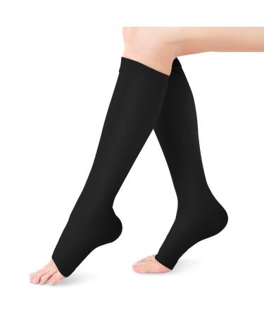 Compression Socks for Men Women Open Toe Flight Compression Stockings 20-30 mmHg Graduated Support Knee High Calf Compression Sleeves for Pregnancy Travel Work Varicose Veins(XL-Black) XL Black