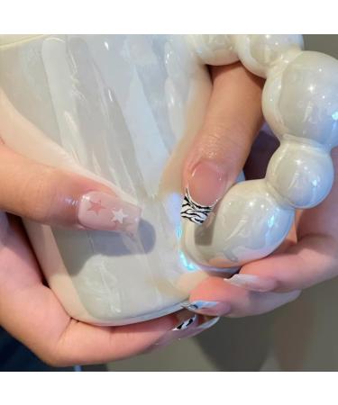 French Tip Press on Nails - Mid length Press On Nails with Nail Tips Star striped nude fake nails press on nails Acrylic False Nails Cute Artificial Nails