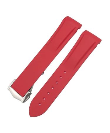 AMSOH 22mm Curved Rubber Watch Strap Fit for Omega Speedmaster Moonwatch Seamaster 300 AT150 Red Golden Buckle