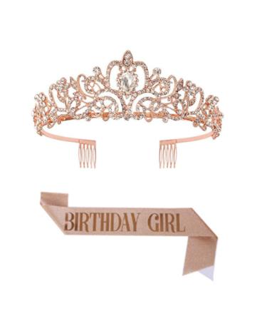 Birthday Queen Sash & Rhinestone Tiara Set Birthday Girl Sash Princess Crown with Combs Queen Tiara for Women Rose Gold Crown Bridal Crown Headpieces for Wedding