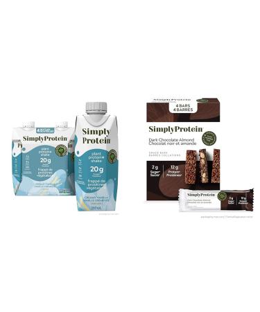 Simply Protein Ready-To-Drink Vanilla Plant Protein Shake 330mL Bottle Pack of 4 High Protein Low Sugar & Dark Chocolate Almond Protein Bars Gluten Free Vegan High Protein Snacks 4 Ct