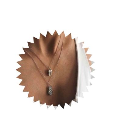 Boho Layered Shell Pineapple Choker Necklace Silver Seashell Pendant Necklace Vintage Cowrie Shell Necklace Beach Charm Necklace Jewelry for Women Gifts