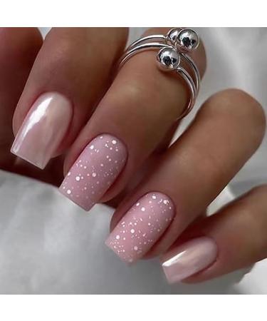 Justotry 24 pieces silver angular nails to stick out short glitter press on nails glossy pink artificial nails fake nails for nails art beautiful square French artificial nails for women silver & pink2