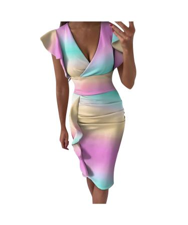 Briskorry V-neck flowers case of the kneeling business dresses women summer elegant bustier festival dresses sexy ruffled hems moored sleeves tight dress party dress vintage dress s multi-colored