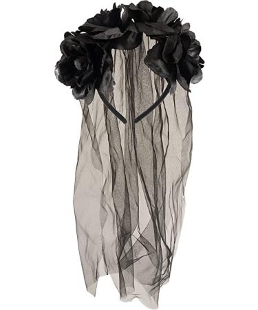 Long Black Veil with Black Flowers Halloween Hairband Gothic Bride Veil Day of the Dead Party Accessories Fancy Dress Hair Accessory for Adults