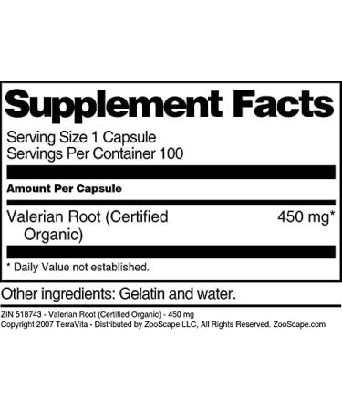 Valerian Root (Certified Organic) - 450 mg (100 Capsules ZIN: 518743) - Buy Online on GoSupps.com