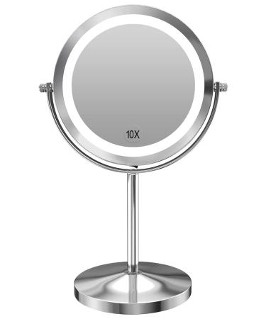 1X/10x Magnified Lighted Makeup Mirror Double Sided Round Magnifying Mirror Standing 360 Degree Swivel Vanity Mirror Battery Operated 7 Inch Diameter Shaving Bathroom Mirror Chrome-7