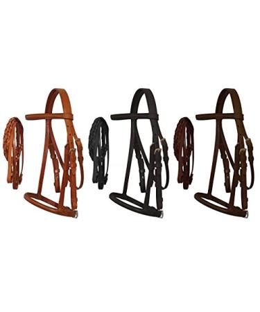 Horse Pony Cob Mini Leather English Bridle with Raised Browband, Braided Leather Reins, and Adjustable Caveson. Dark Oil Mini