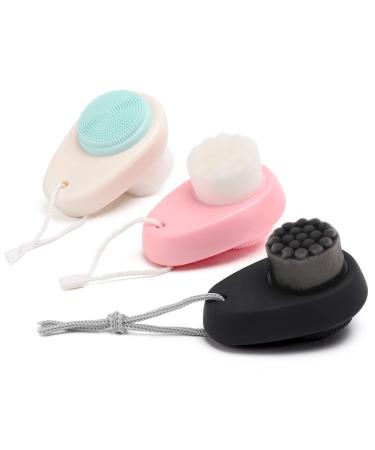 3PCS Facial Cleansing Brushes 2 in 1 Face Wash Brush with Silicone Face Scrubber exfoliator and Soft Bristles Brush for Deep Skin Cleansing (Black&Pink&Green)
