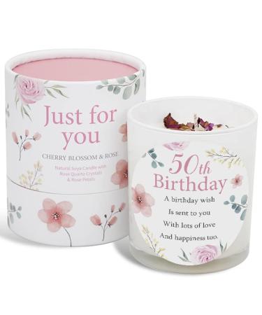 50th Birthday Candle Makes a Great Gift for 50th Birthday Gifts - Ideal for Fiftieth Birthday Gift SOYA Candle with Rose Quartz and Rose Petals