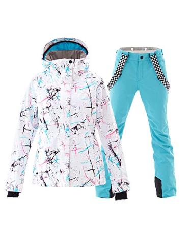 GS SNOWING Women's Ski Jackets and Pants Set Windproof Waterproof Insulated Snowsuit Winter Warm Snowboarding Snow Coat Small Blue