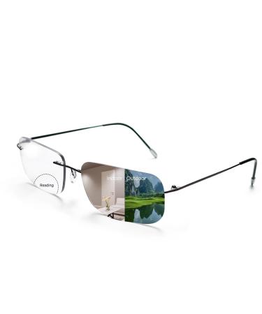 Rimless Photochromic Bifocal Reading Glasses Blue Light Blocking Readers Lightweight Transition Sunglasses Man Woman Black 1.5 x