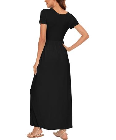 YUNDAI Women's Summer Maternity Maxi Dress - Floral Loose Long Dress with Pocket, Short Sleeve XL B01 Black - Buy Online on GoSupps.com