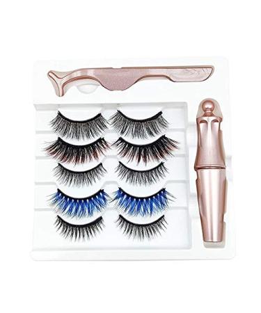Kangtm 5 Pairs of Mixed Style Color Magnetic False Eyelashes Waterproof Eyeliner Tweezers Set Thick Magnetic False Eyelashes