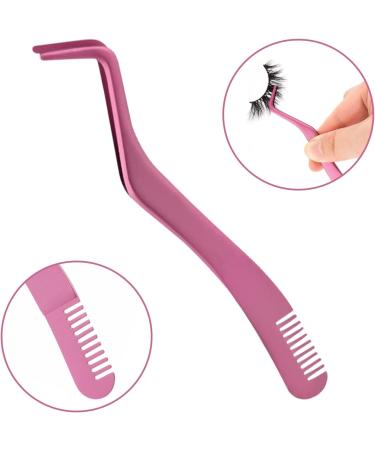 Eyelash Applicator Tool - 2 in 1 Double Ended Lash Tweezers with Comb, Curved Nipper - Pink - Buy Online on GoSupps.com