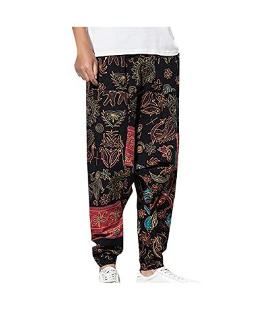 Men's Cotton Linen Harem Yoga Pants Casual Baggy Hippie Boho Print Sweatpants Lightweight Drop Crotch Trousers Black 3X-Large