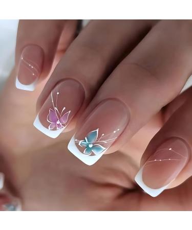French Tip Press on Nails Pink Fake Nails Medium Length Glue on Nails Square False Nails with Pink Blue Butterfly Design White Tip Acrylic Press on Nails Cute Artificial Nails Glossy Stick on Nails Butterfly French