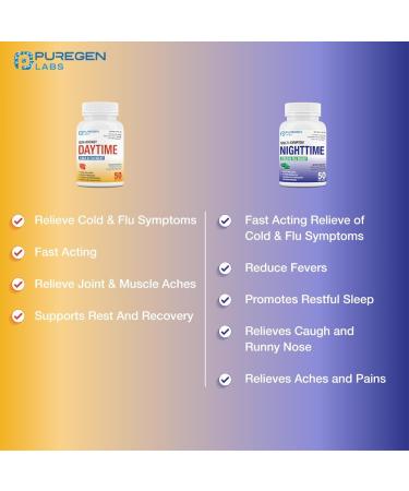 Puregen Labs Daytime and Nighttime Combo Pack Cold and Flu Relief Medicine | Powerful Multi-Symptom Daytime and Nighttime Relief for Headache Fever Sore Throat Cough Congestion and Aches - Buy Online on GoSupps.com
