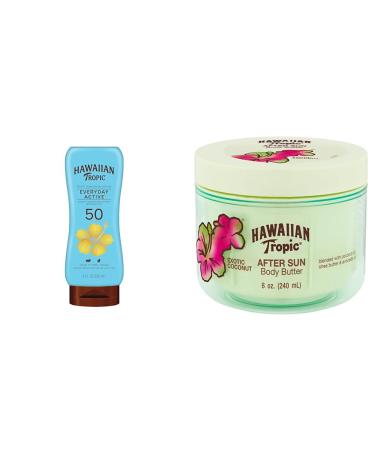 Hawaiian Tropic Everyday Active Lotion Sunscreen SPF 50 8oz & After Sun Body Butter with Coconut Oil 8oz | After Sun Lotion Moisturizing Body Lotion After Sun Moisturizer