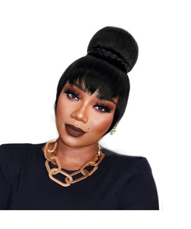 VAVANGA Hair Bun and Bang Set 2pcs, Synthetic Quick Bun N Bang Clip in China Bang Hair Clip on Hair Piece Bun with Bangs for Black Women(#1B, J072) BUN-4", BANGs-10" #1B (J072)