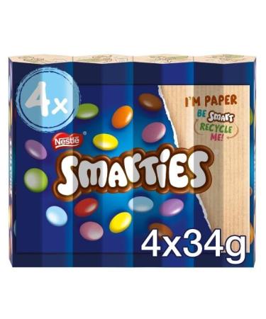 3 x Smarties Milk Chocolate Tube Multipack 38g 4 Pack Delicious Tasty And Twisty Treat Gift Hamper For Birthday Christmas Sold By Kidzbuzz
