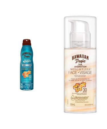 Hawaiian Tropic Island Sport Ultra-light Sport Sunscreen Spray SPF 50 Broad Spectrum Protection 170g & Silk hydration weightless oil-free face sunscreen lotion SPF 30 50ml