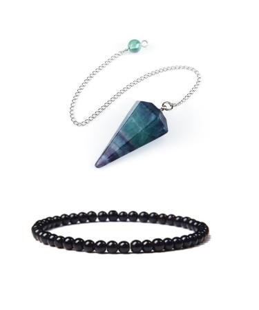 Soulnioi Black Agate Gemstone Beaded Bracelet Energy Bracelet for Yoga Meditation and Fluorite Hexagonal Cone Pendulum Pointed Reiki Chakra Pendant Pendulum Obsidian Set 6
