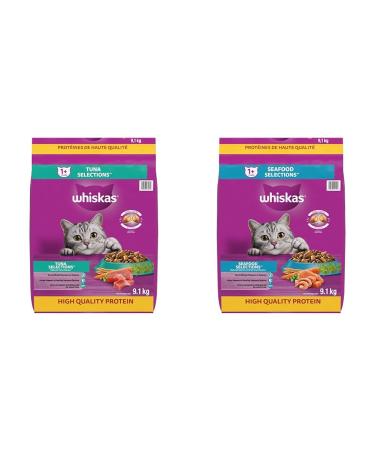 WHISKAS Adult Dry Cat Food - Tuna Selections Flavour 9.1 kg Bag & Seafood Selections Adult Dry Cat Food with Real Salmon 9.1kg Bag