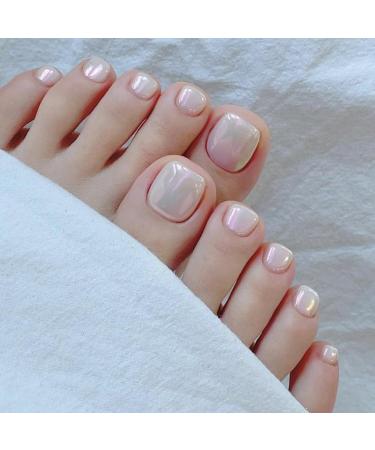 SINLOV Square Fake Toenails Nude Pink Print on False Toe Nails Short Full Cover False Artificial Toenails Nails for Women and Girls