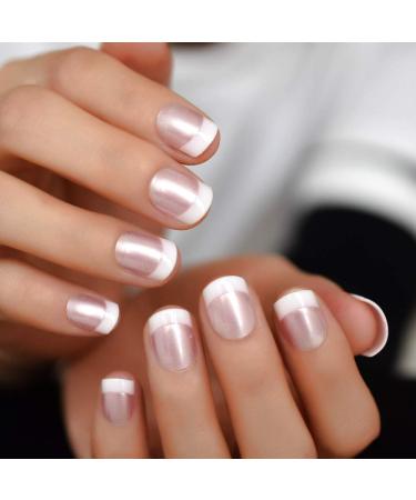 Pearl Shine Pink French Nail White Round Fake Nails Short Glossy Satin Artificial Lady Fingernails with Adhesive Tabs