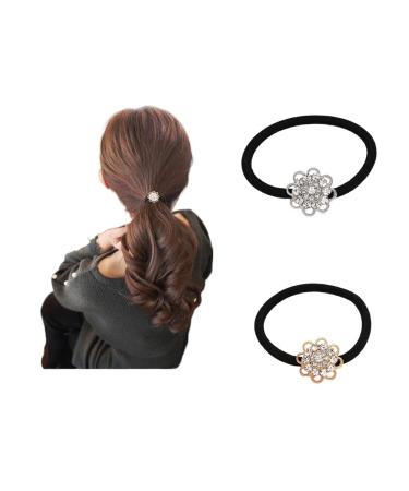 LOVEF 2 Pcs Korean Style Hair Jewelry Gold Plated Crystal Rhinestone Flower Elastic Ponytail Holder Hair Tie Rope Band Ring Rubber Band Hair Accessories (Gold+Silver)