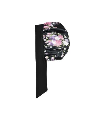 Silk Satin Bonnet for Curly Hair | Floral Black Sleep Cap for Women | Large Night Cap with Tie Band - Buy Online on GoSupps.com